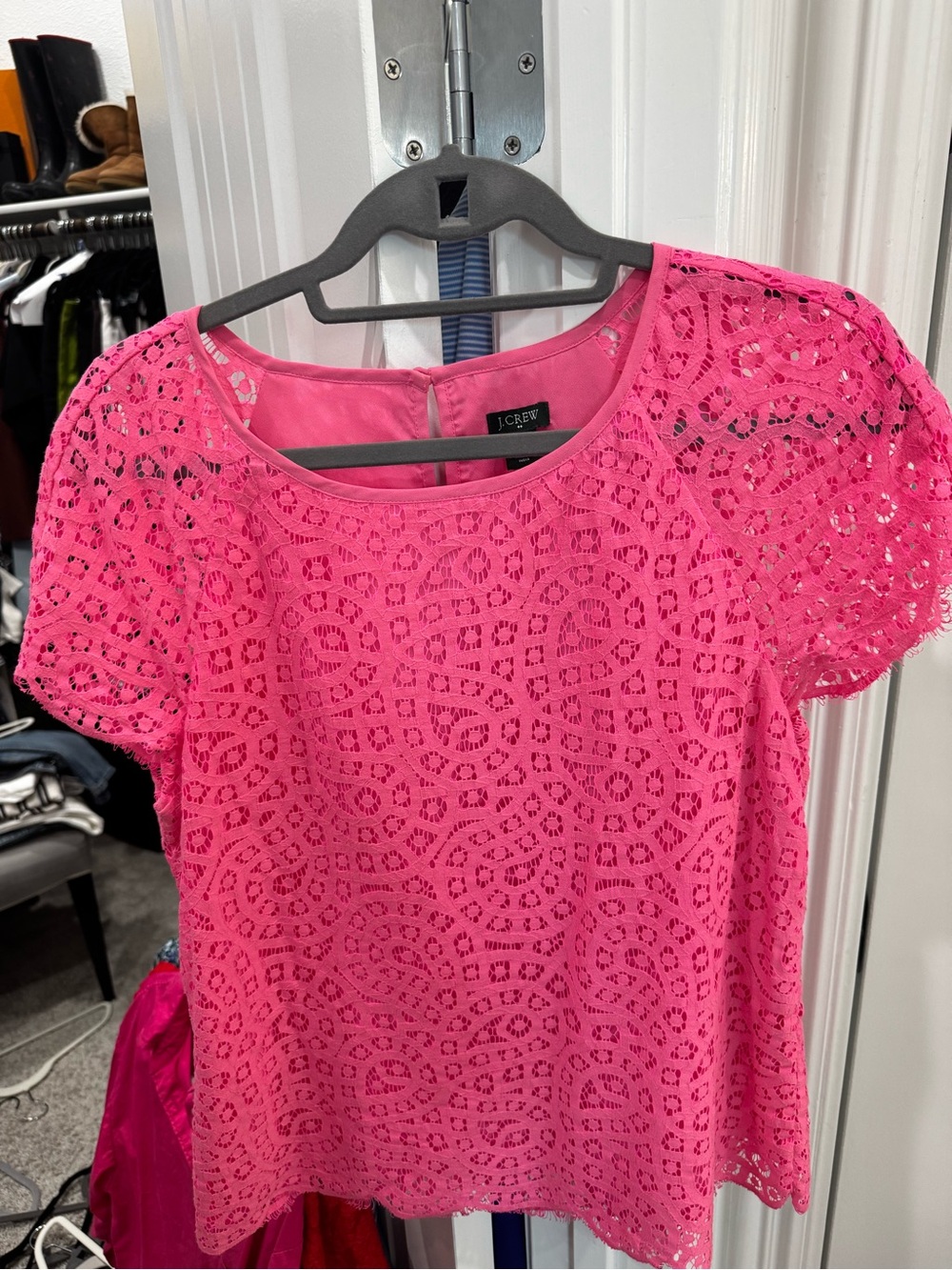 J. Crew Hot Pink Lace Short Sleeve Blouse